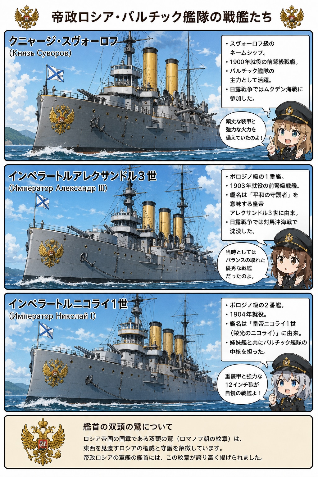 バルチック艦隊の戦艦(クニャージ・スヴォーロフ、アレクサンドル3世、ニコライ1世)