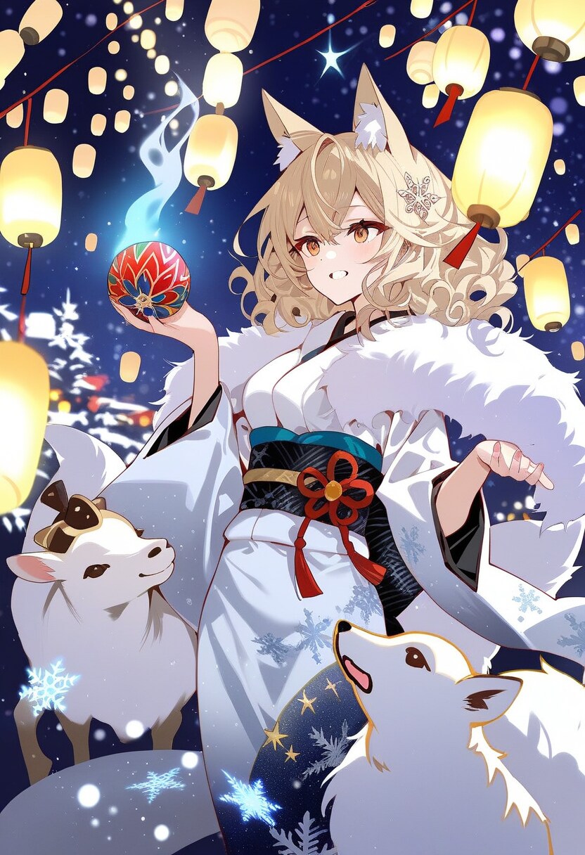 幻想的な獣耳娘と浮かぶ提灯