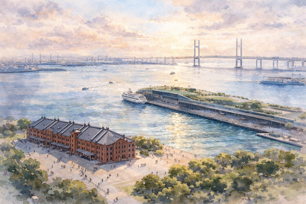 赤レンガ倉庫がある港町の風景