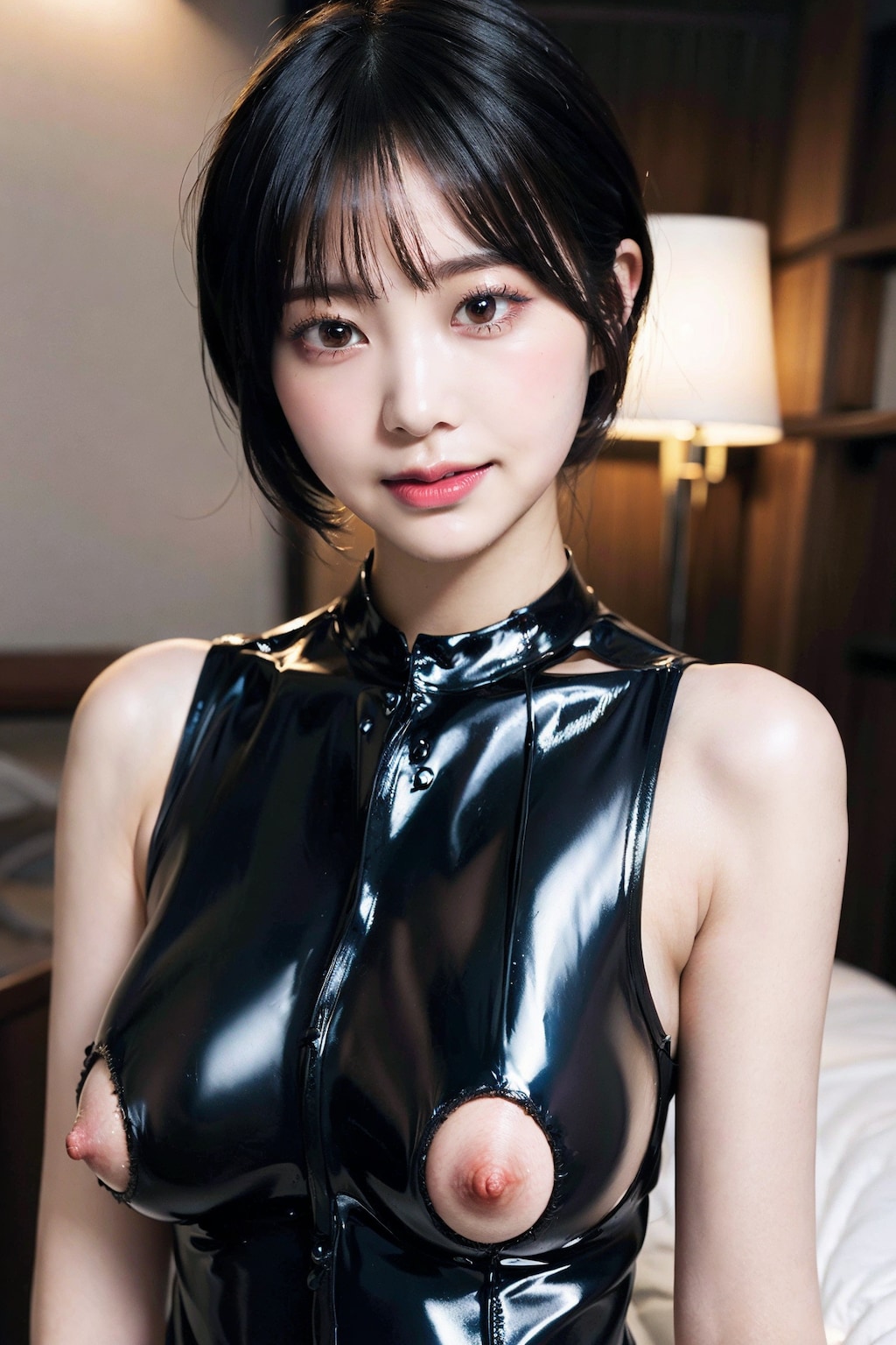 ラテックスランジェリーでポロリ