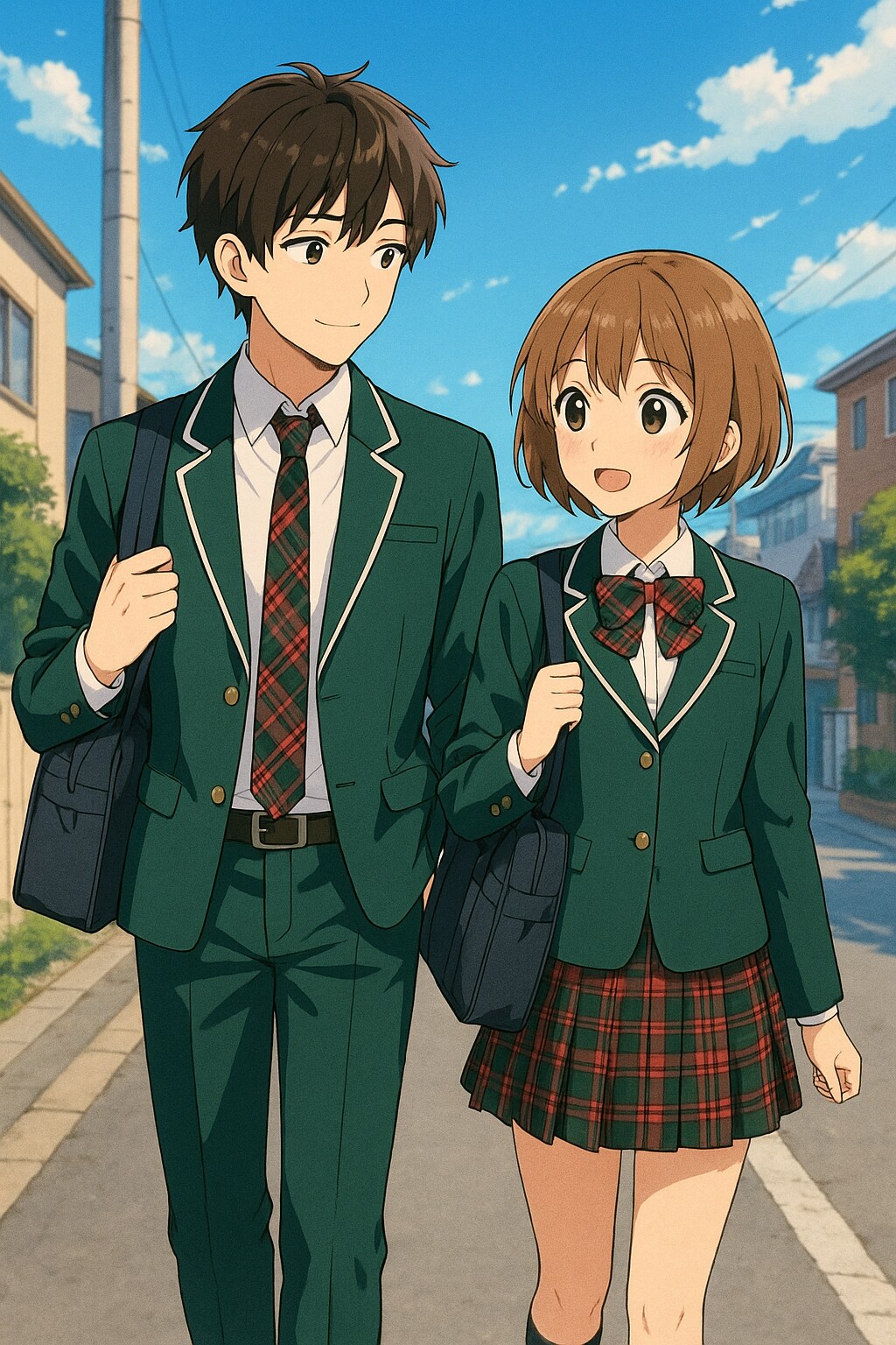 放課後の高校生の青空カップル