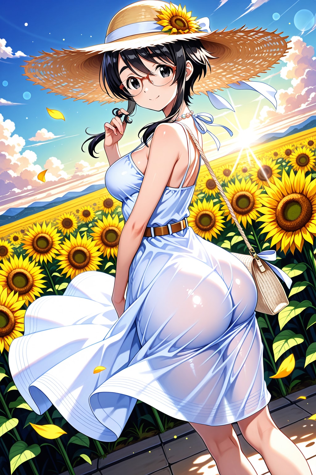 麦わら帽子とひまわり畑