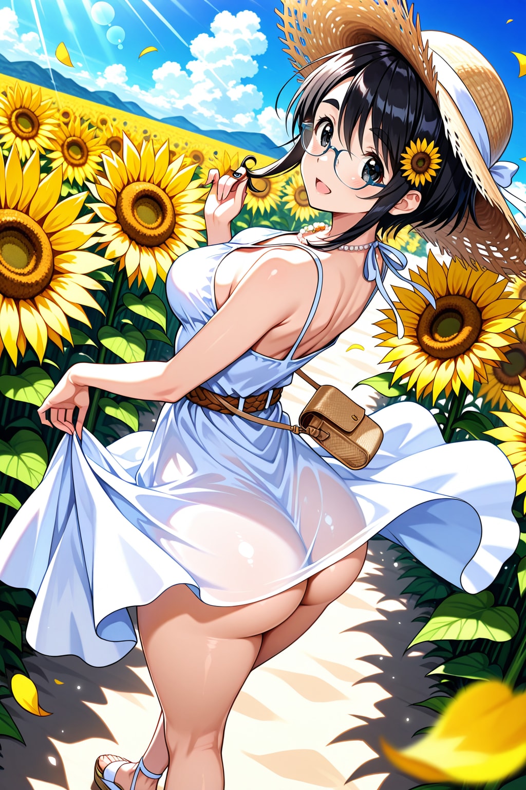 麦わら帽子とひまわり畑