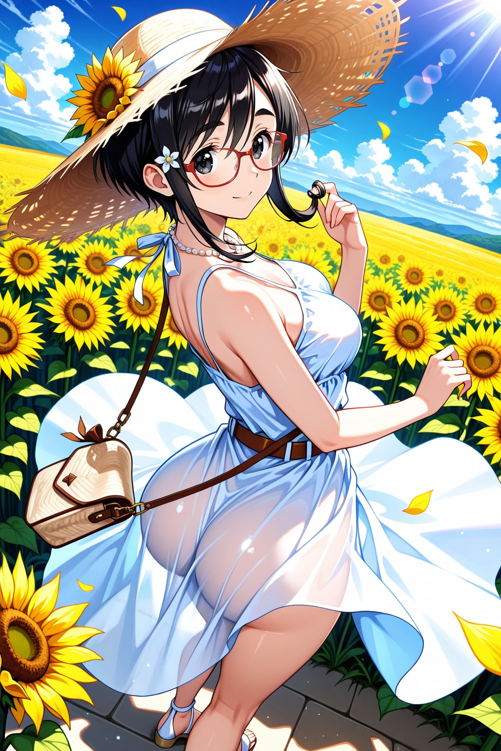 麦わら帽子とひまわり畑