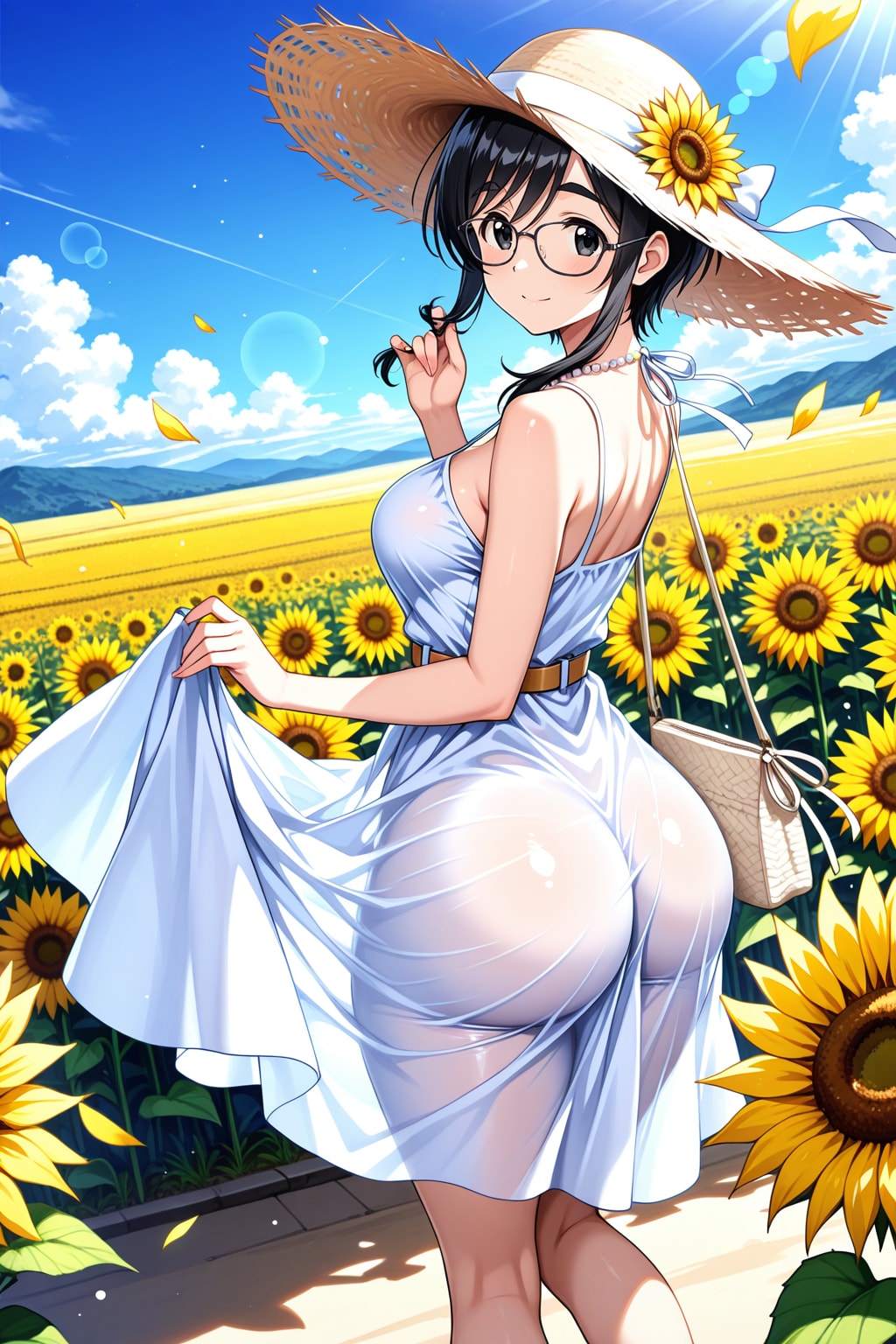 麦わら帽子とひまわり畑