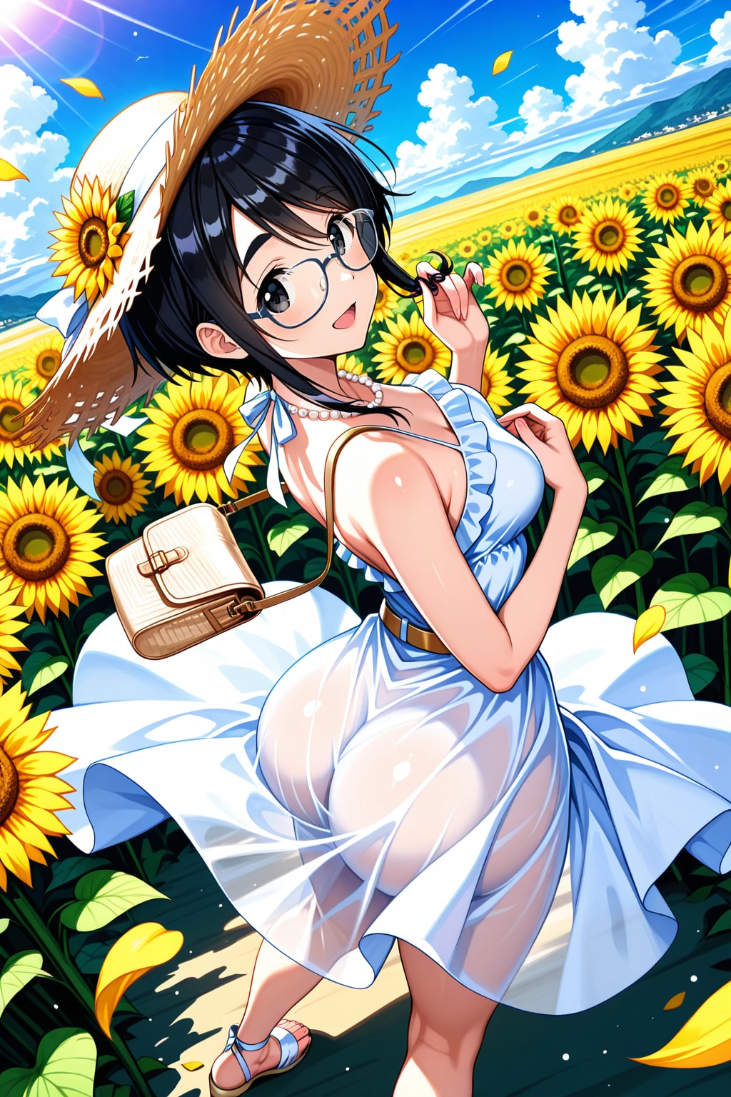 麦わら帽子とひまわり畑