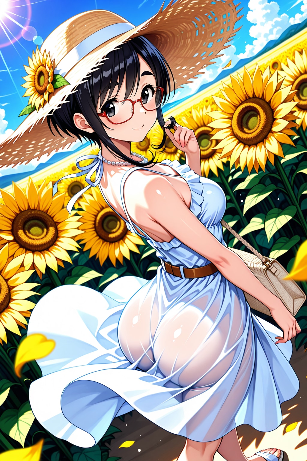 麦わら帽子とひまわり畑