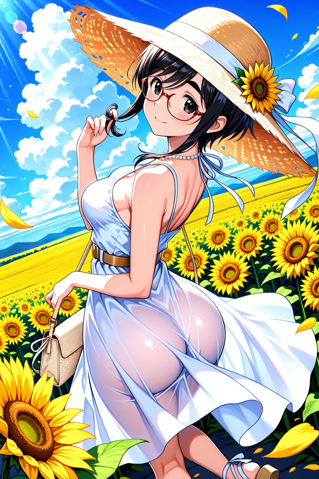 麦わら帽子とひまわり畑
