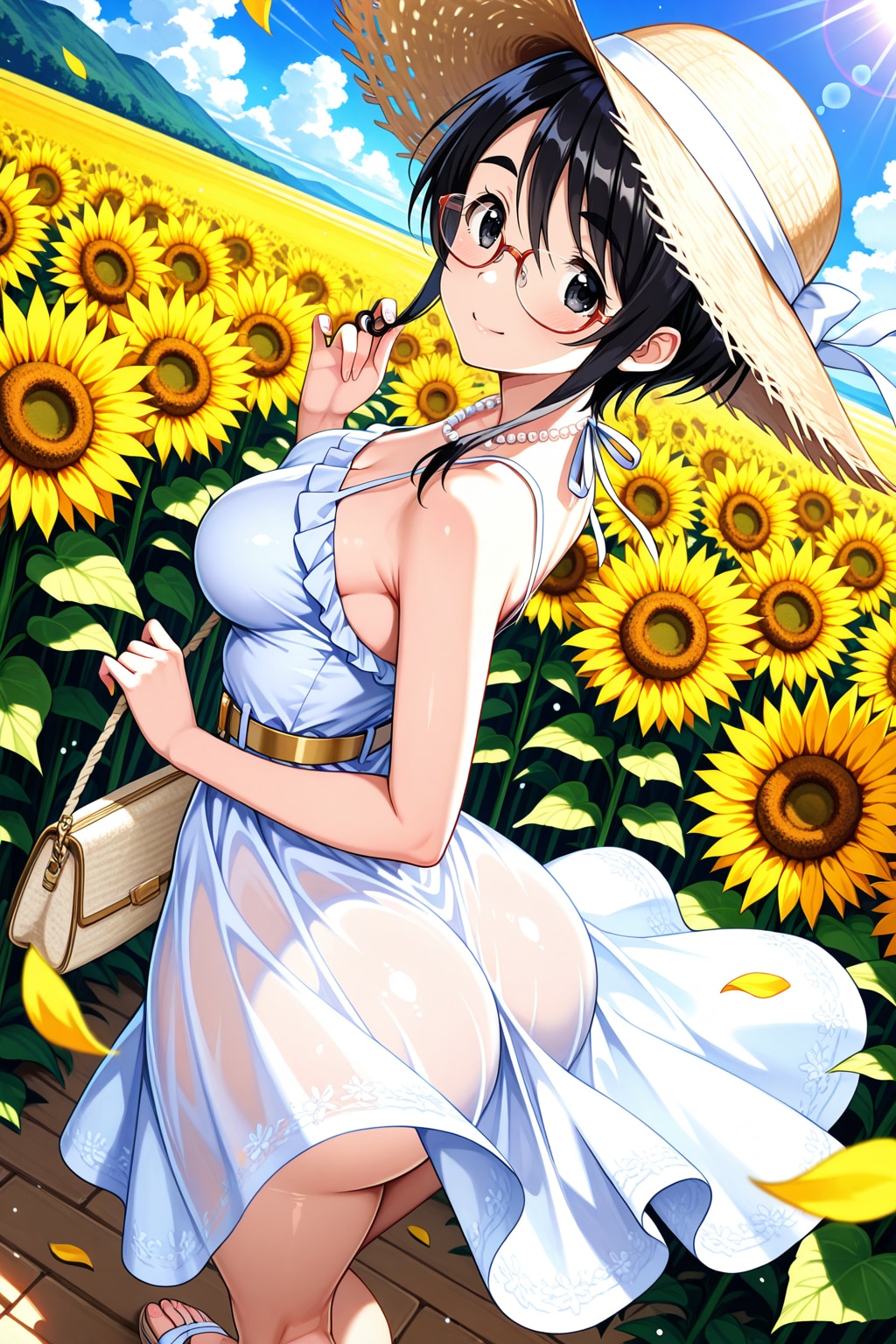 麦わら帽子とひまわり畑