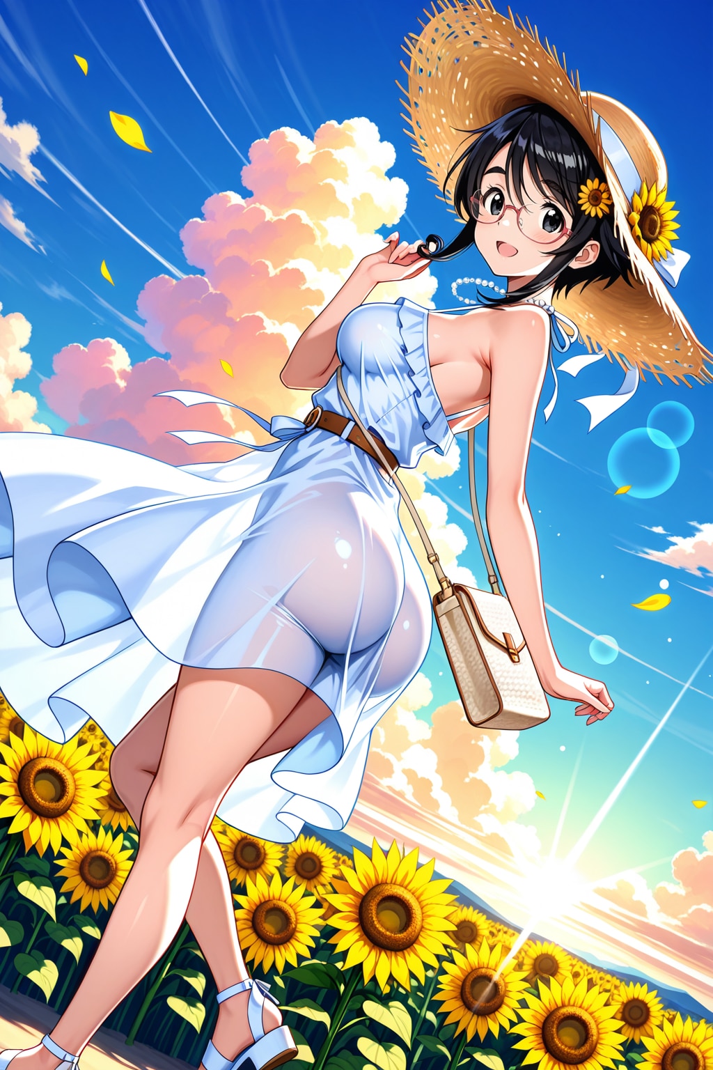 麦わら帽子とひまわり畑