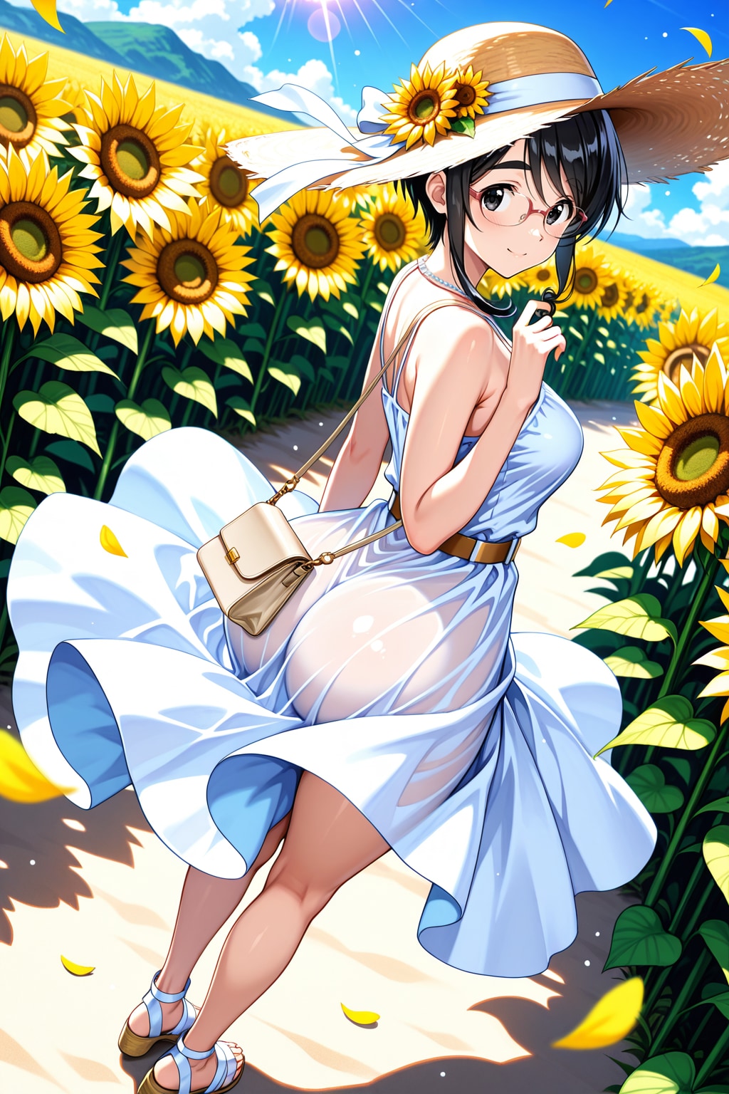 麦わら帽子とひまわり畑