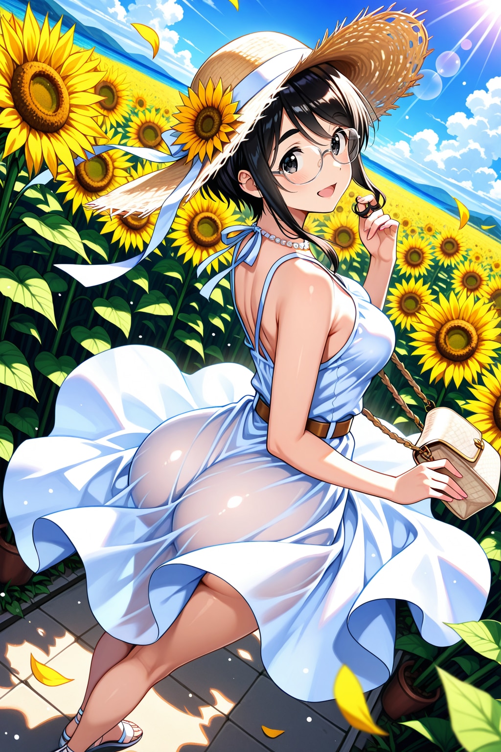 麦わら帽子とひまわり畑
