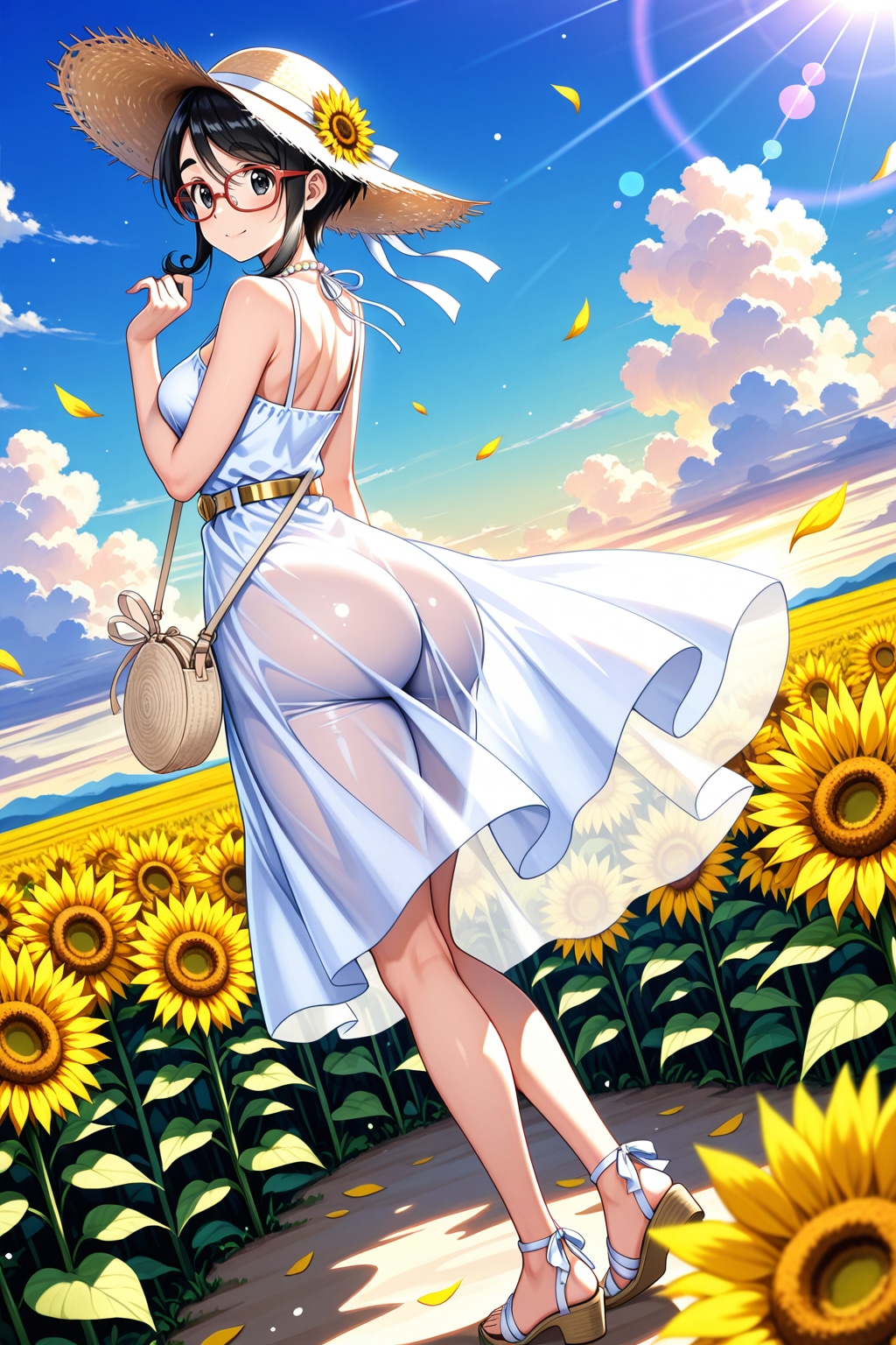 麦わら帽子とひまわり畑