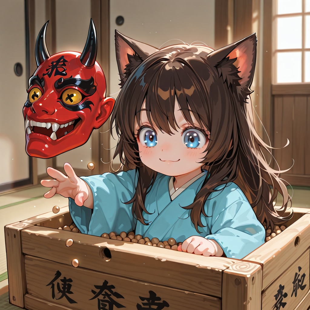 豆まきをする小さな女の子