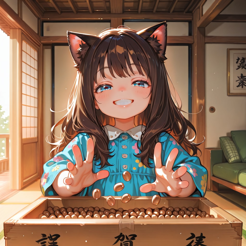 豆まきをする小さな女の子