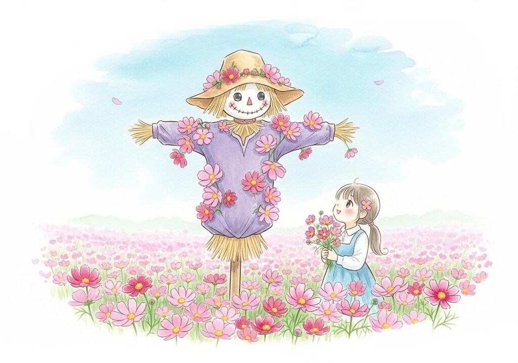 秋桜と少女と案山子