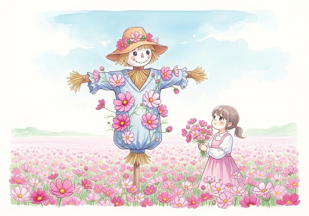 秋桜と少女と案山子