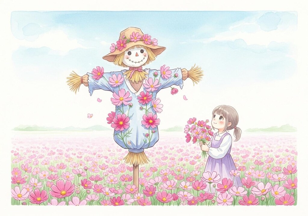 秋桜と少女と案山子