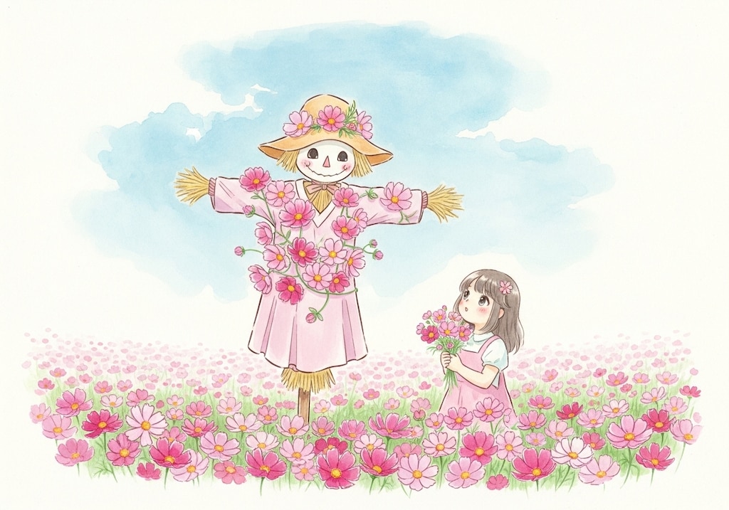 秋桜と少女と案山子