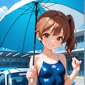サーキットで傘を持つスク水サイドポニー女子 7枚目