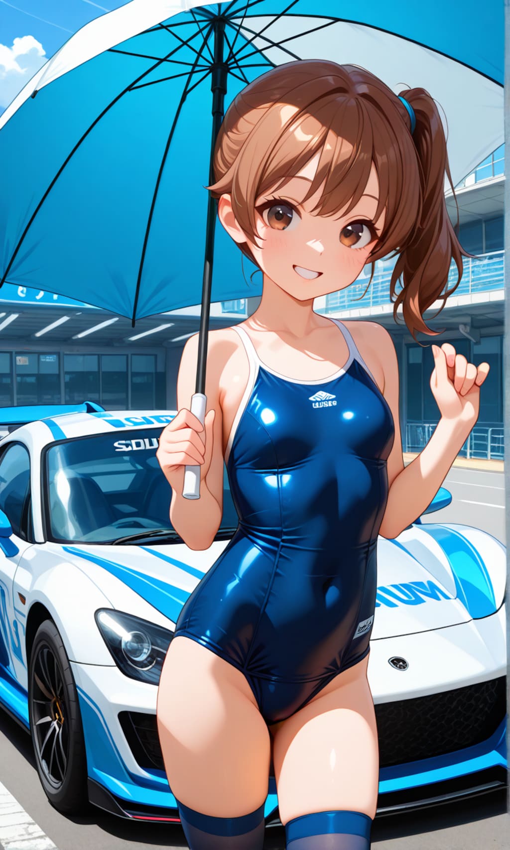 サーキットで傘を持つスク水サイドポニー女子
