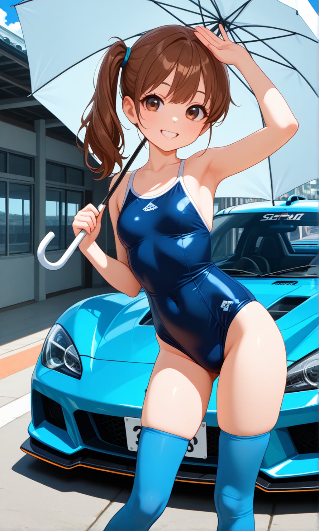サーキットで傘を持つスク水サイドポニー女子