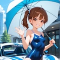 サーキットで傘を持つスク水サイドポニー女子 4枚目
