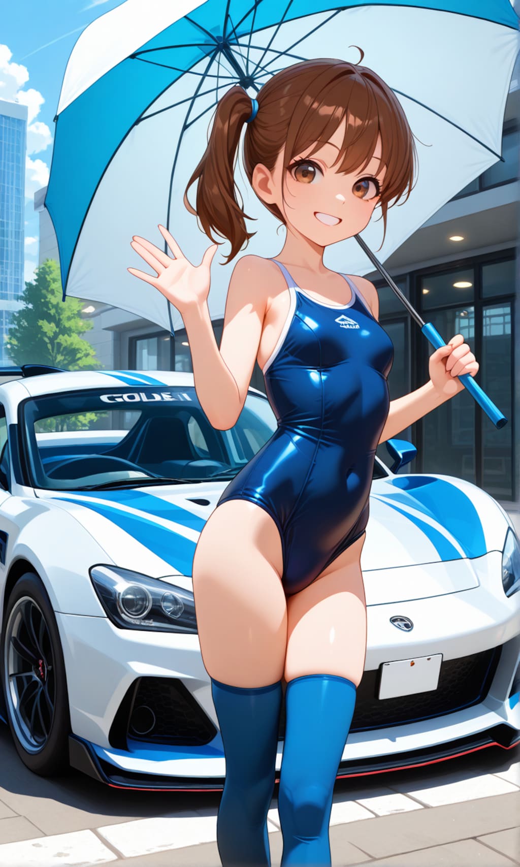 サーキットで傘を持つスク水サイドポニー女子