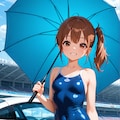 サーキットで傘を持つスク水サイドポニー女子 2枚目