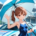 サーキットで傘を持つスク水サイドポニー女子 5枚目