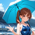 サーキットで傘を持つスク水サイドポニー女子 3枚目