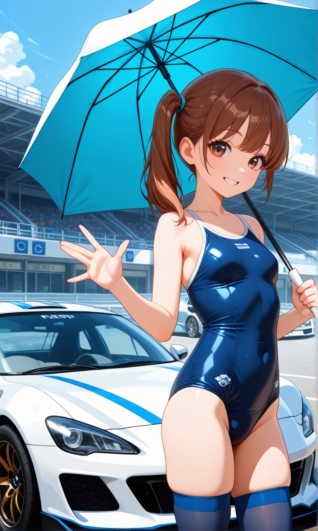 サーキットで傘を持つスク水サイドポニー女子