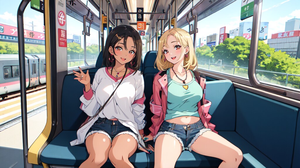 遊びに行く途中の電車内