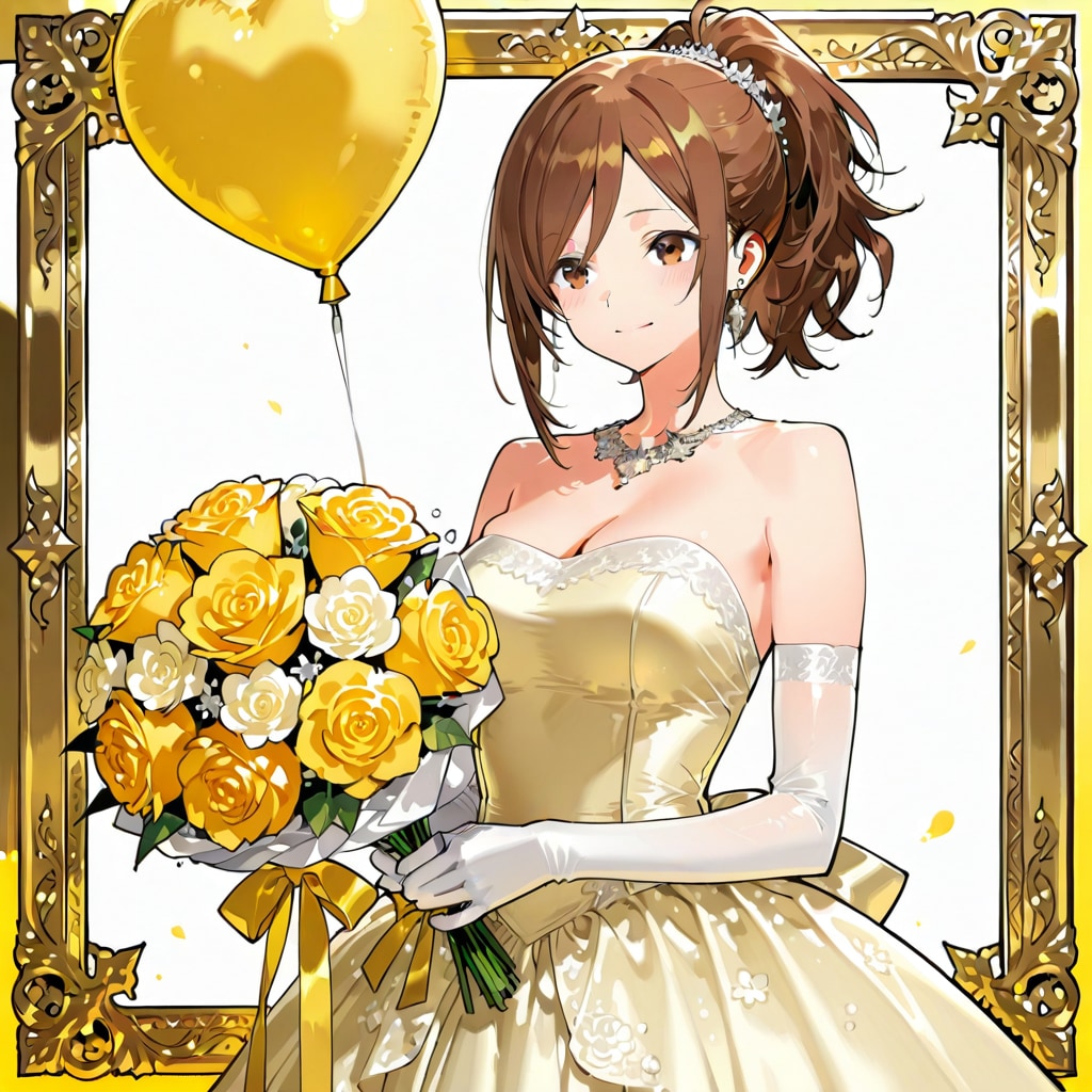 黄色いハート風船を持つブラウンポニーテールの黄色いウェディングドレス着た美女 | の人気AIイラスト・グラビア
