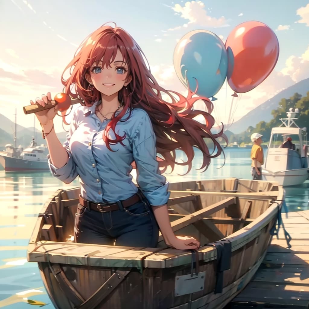 風船を持つ赤い髪ロングの漁師の船長の美女。