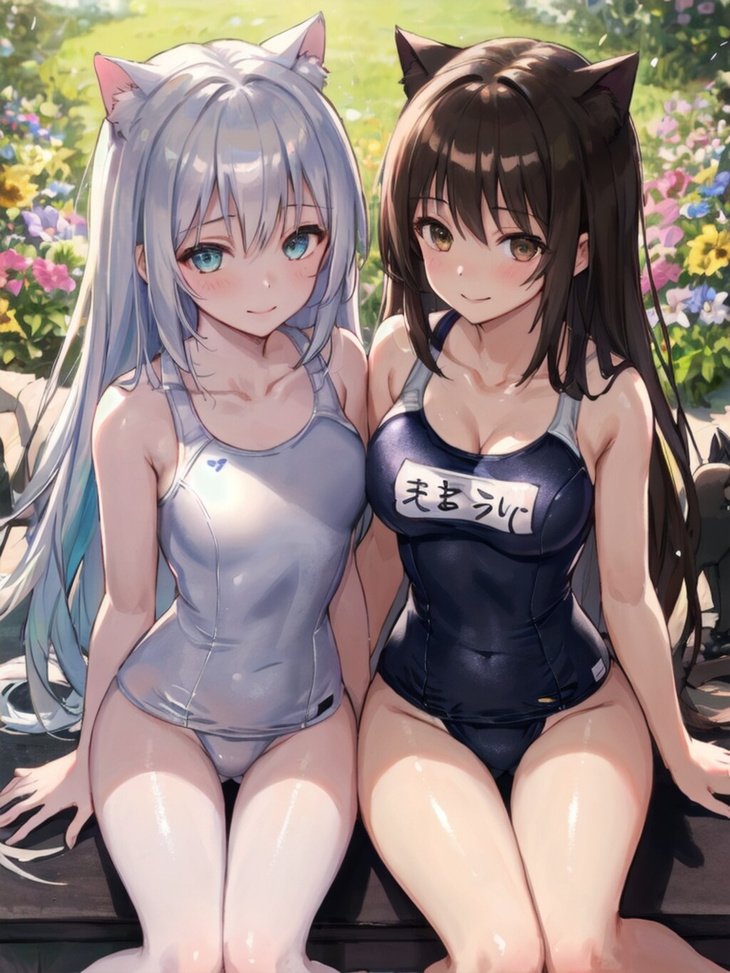 ネコ耳水着で日向ぼっこです。