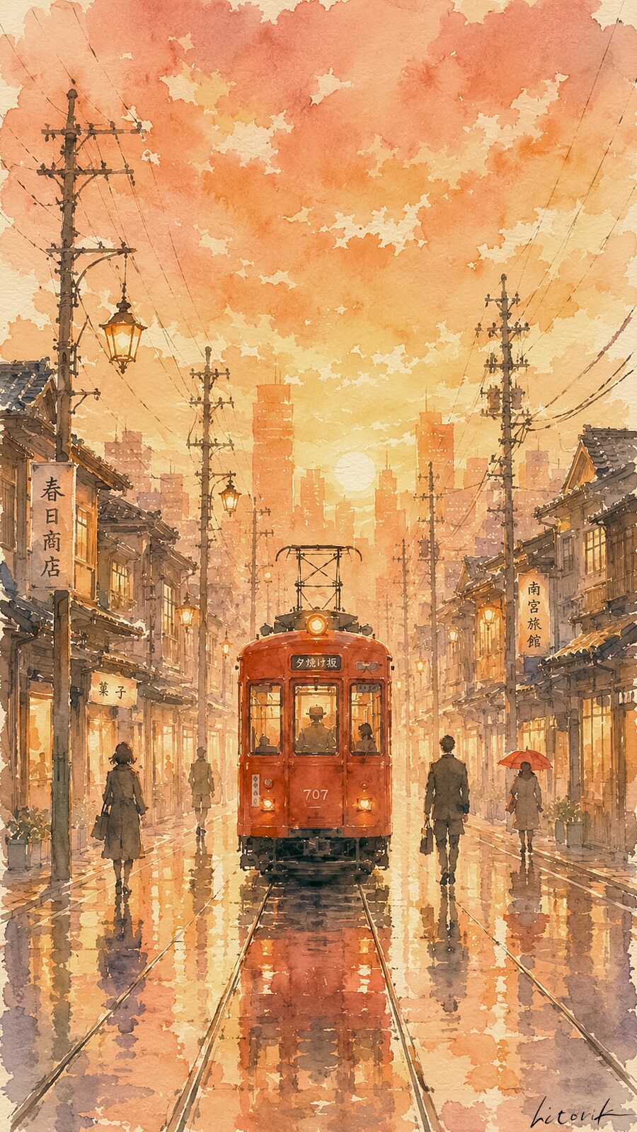夕焼け坂をゆく赤い電車／スマホ壁紙アーカイブ