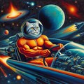 アクリル＆1970年代SF映画＆レトロ風、宇宙船で宇宙を旅する筋肉猫 2枚目