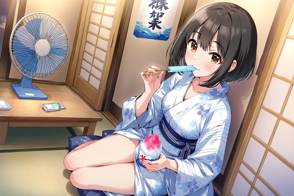 かき氷を片手にアイスを食べる茄子さん
