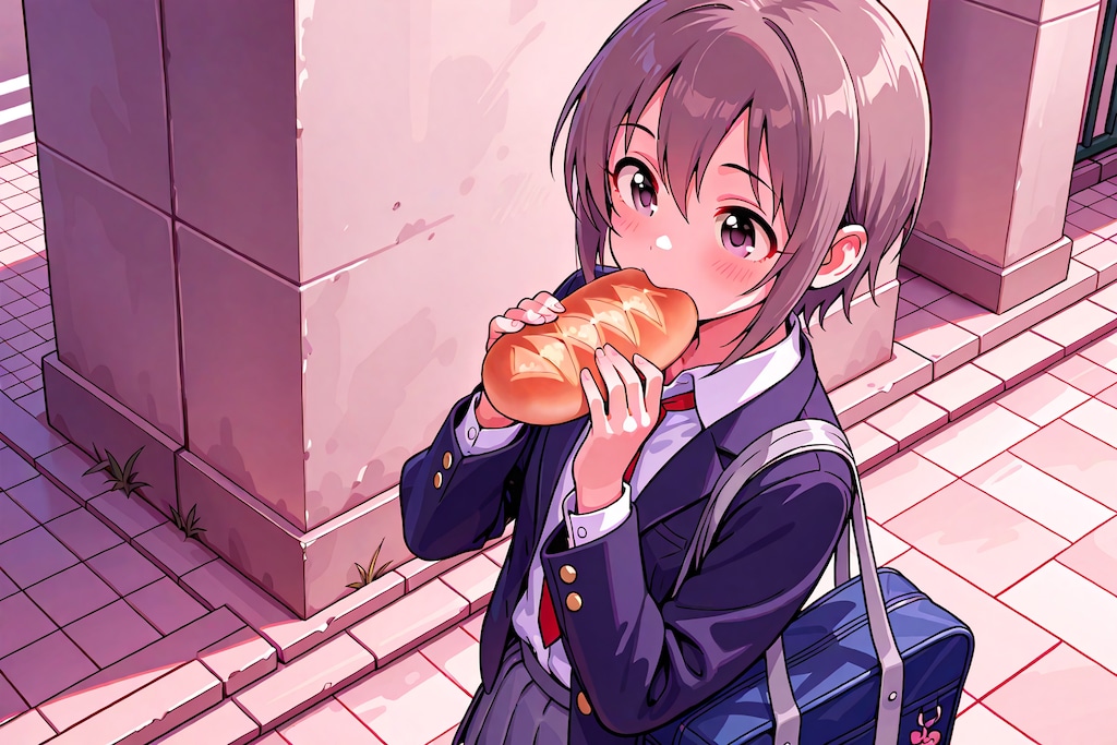 パンをかじりながら歩く乙倉悠貴