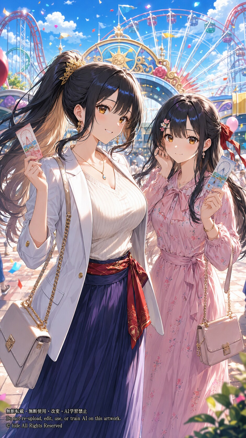神楽さんとアマテラスさん、遊園地でチケットを手に | の人気AIイラスト・グラビア