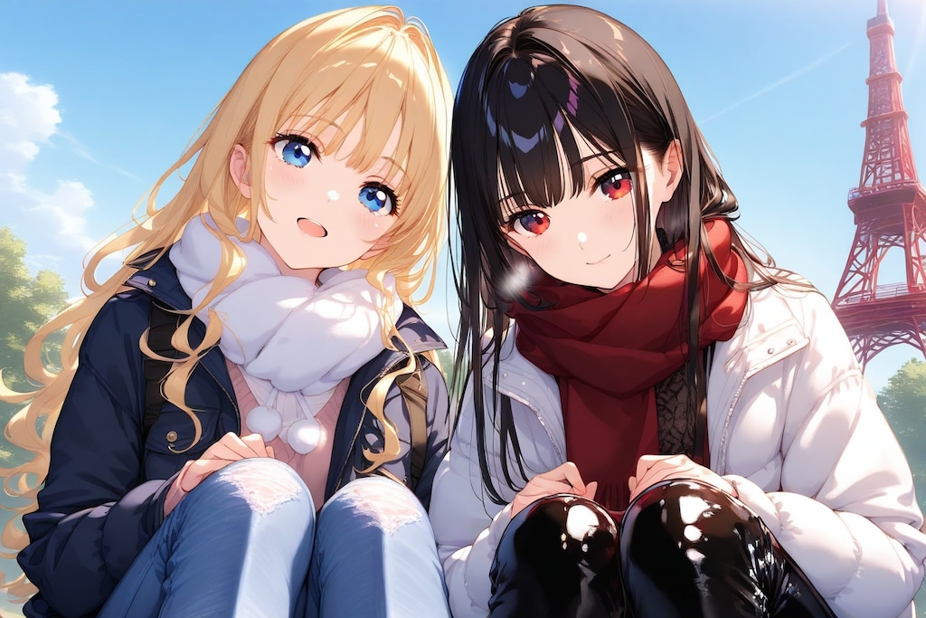 2girls, jeans, leather pants