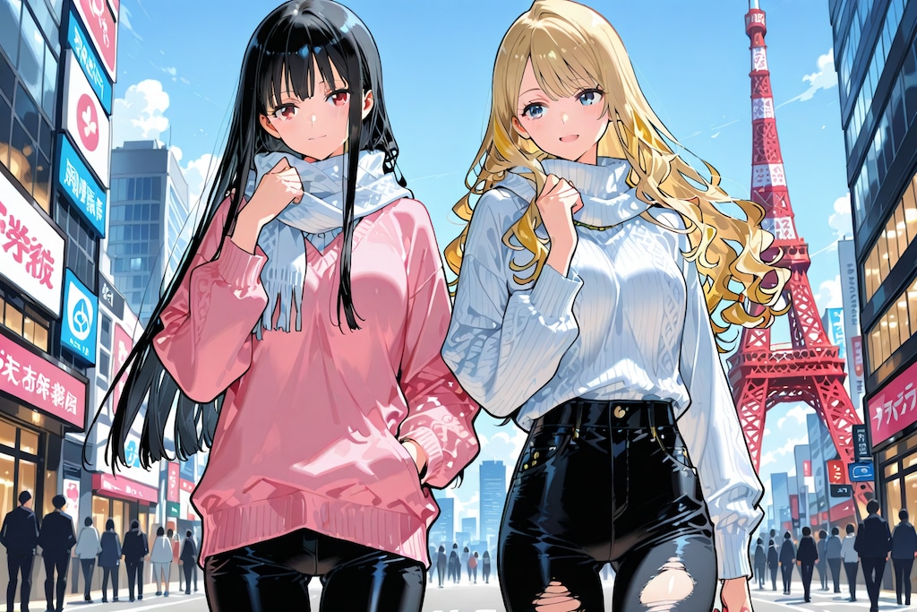 2girls, jeans, leather pants