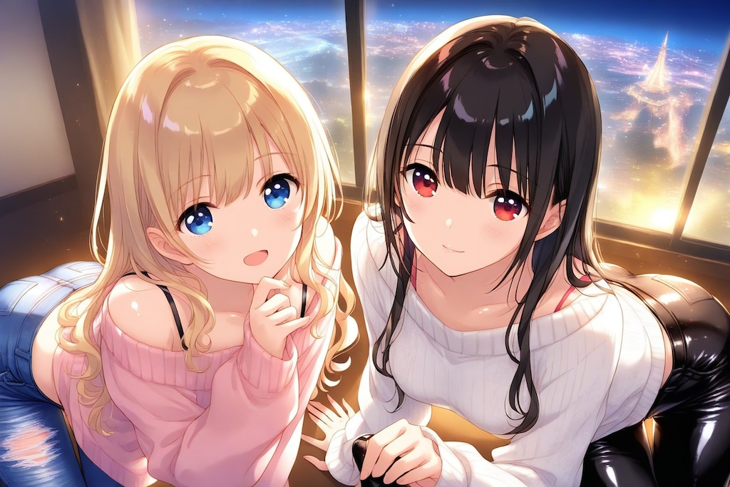 2girls, jeans, leather pants