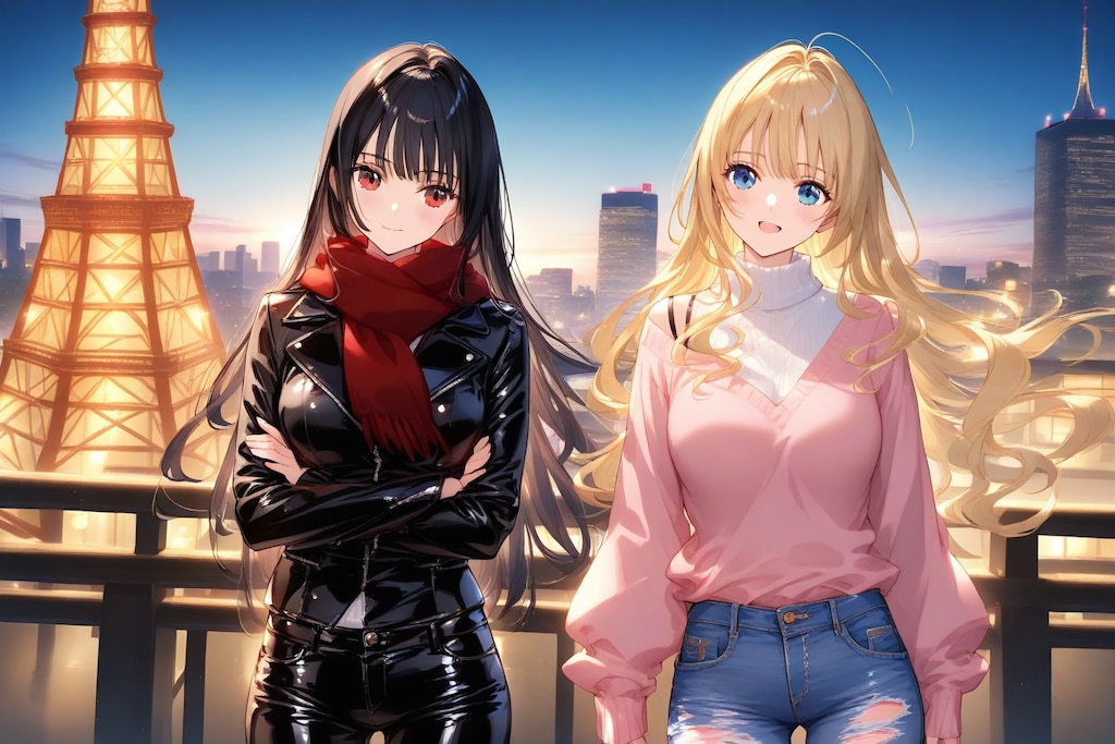 2girls, jeans, leather pants