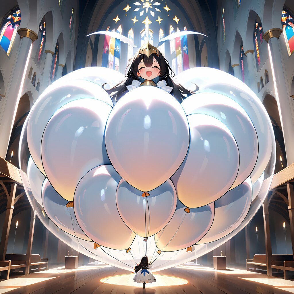 教会の中で白い風船を身に着ける黒髪ロングの美女 | の人気AIイラスト・グラビア