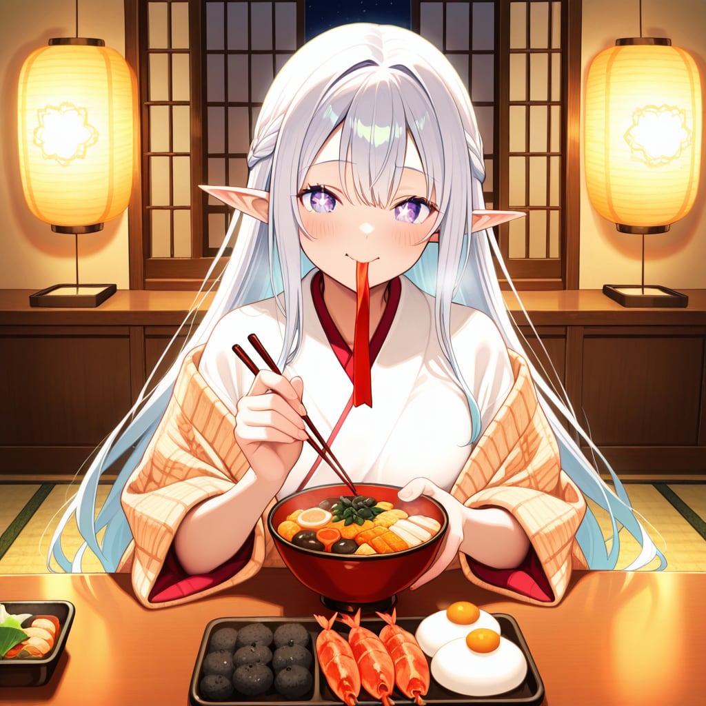 おせち料理を食べるエルフの女の子