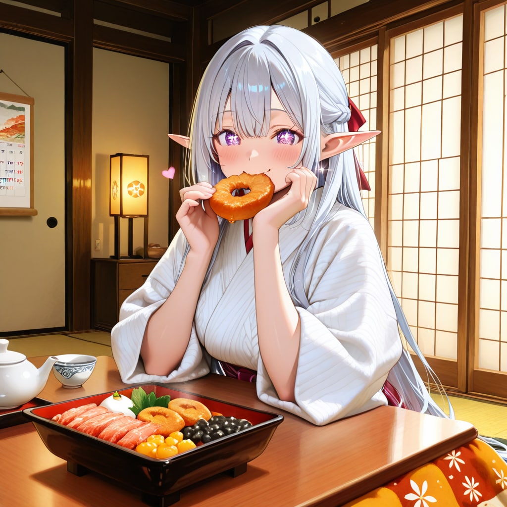 おせち料理を食べるエルフの女の子