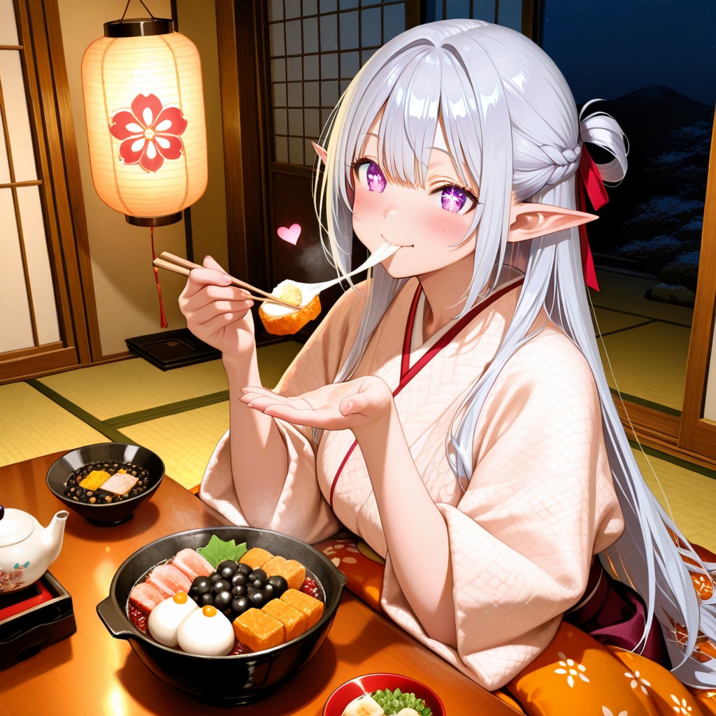 おせち料理を食べるエルフの女の子