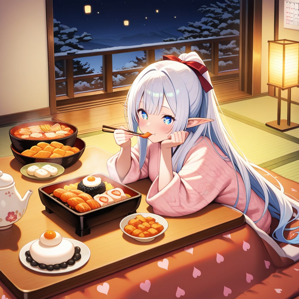 おせち料理を食べるエルフの女の子